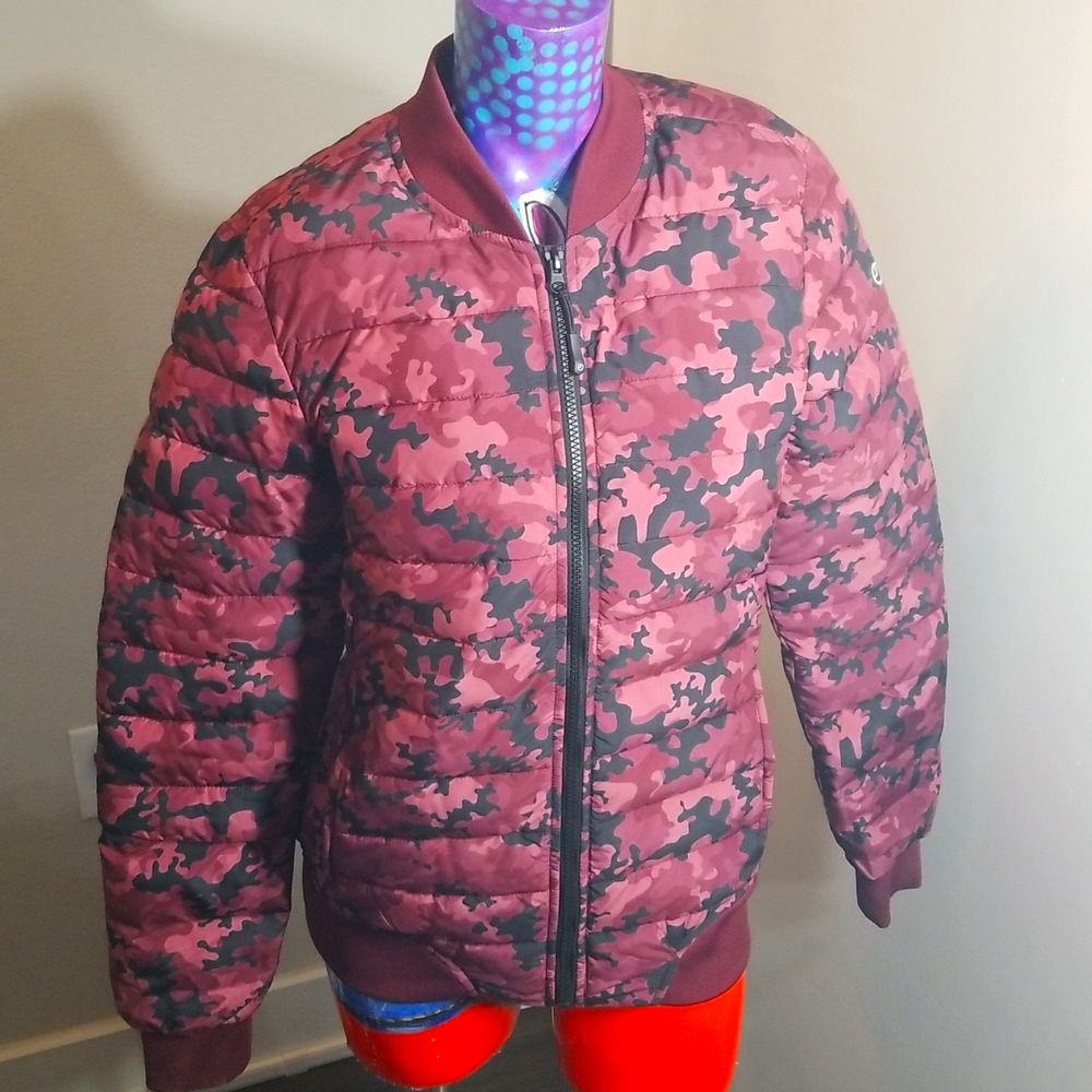 9PM Small Wine/ Rose pink/ black camouflage light weight puffer jacket.